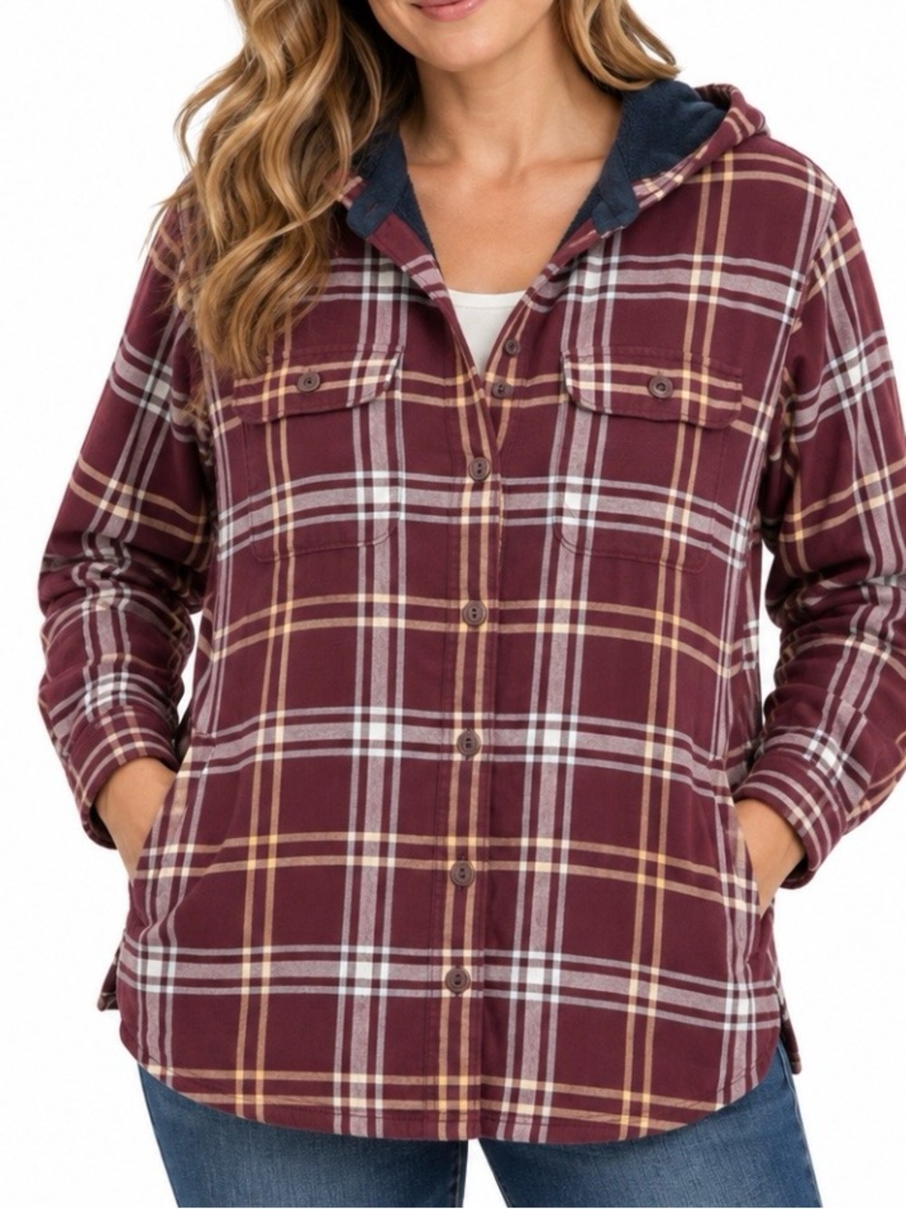 LL Bean Burgundy Plaid Fleece Lined Flannel Hooded Shirt Jacket Shacket MEDIUM